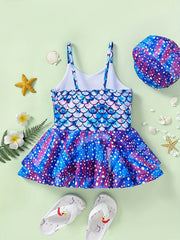 2pcs Toddler Girls Starry Polka Dot Swimsuit Set with Swimming Cap