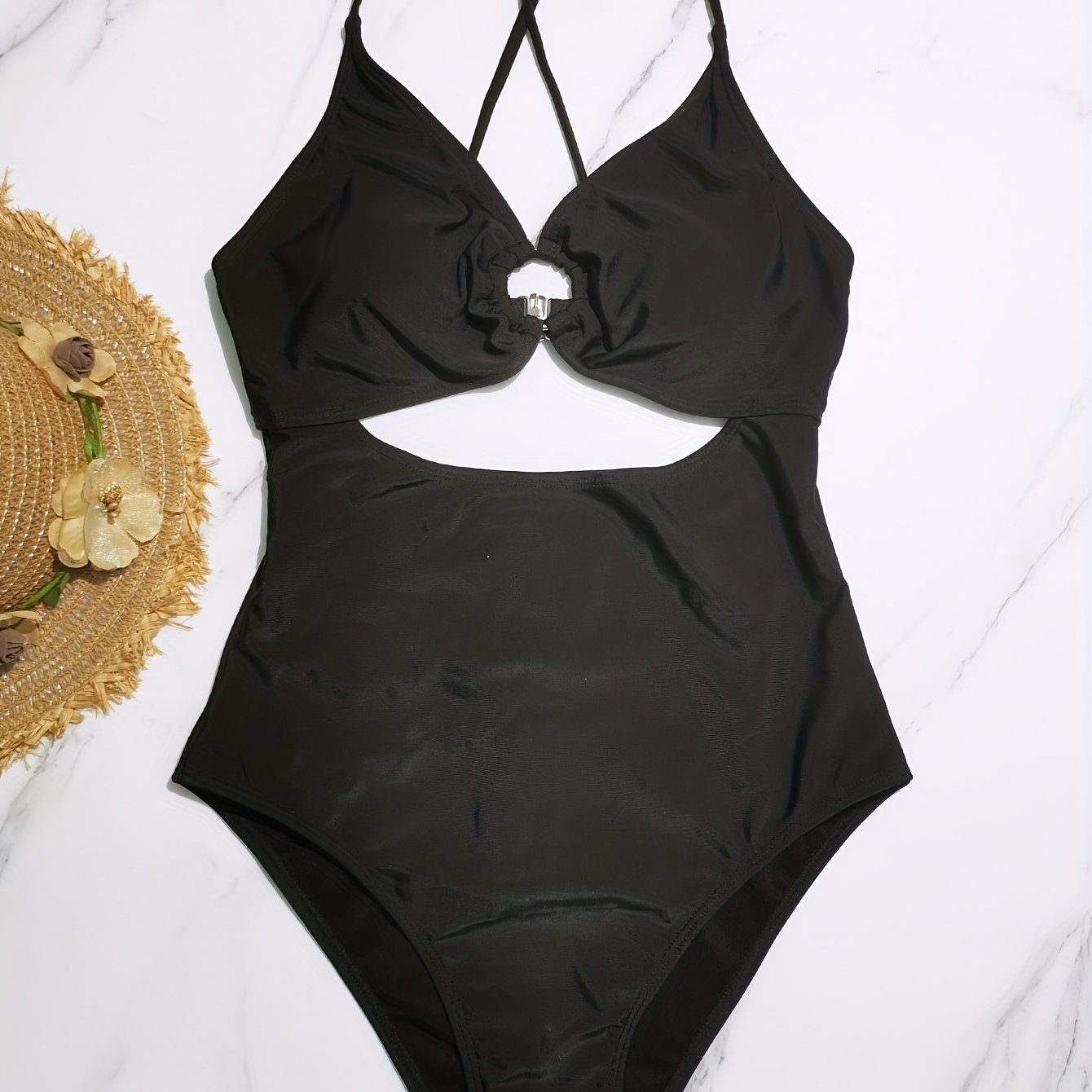 Ring Linked Criss Cross V Neck One Piece Swimsuit