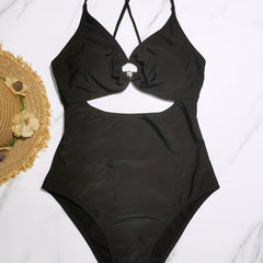 Ring Linked Criss Cross V Neck One Piece Swimsuit