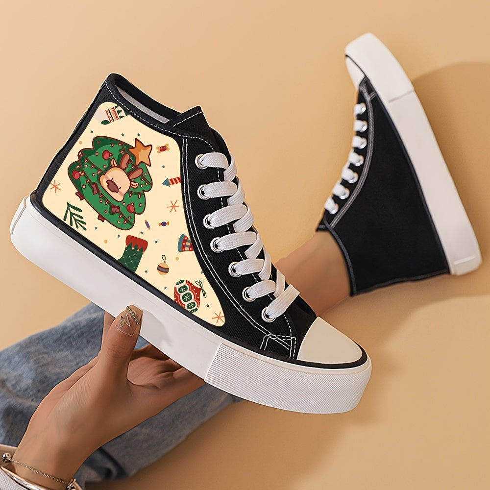 Christmas Tree Print Lightweight High Top Canvas Sneakers