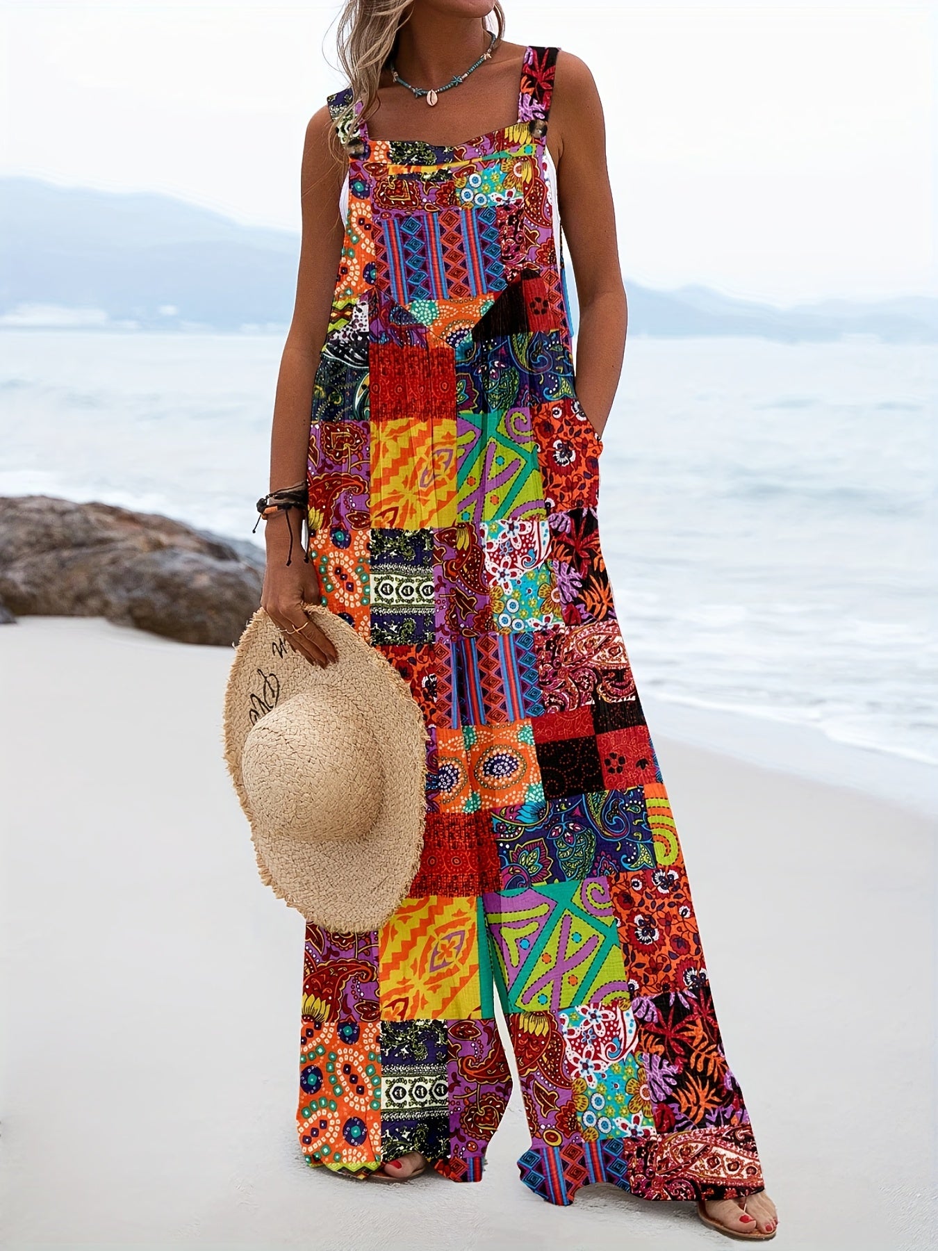 Hippie Patchwork Overall Jumpsuit Boho Sleeveless Wide Leg Jumpsuit