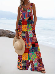 Hippie Patchwork Overall Jumpsuit Boho Sleeveless Wide Leg Jumpsuit