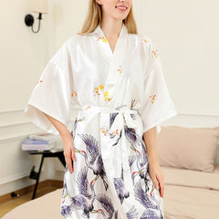 Crane Print Night Robe 3 4 Sleeve V Neck Robe With Belt