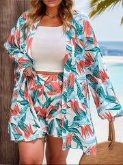 Tropical Floral Print Two Piece Set Open Front Blouse & Elastic Waist Outfits