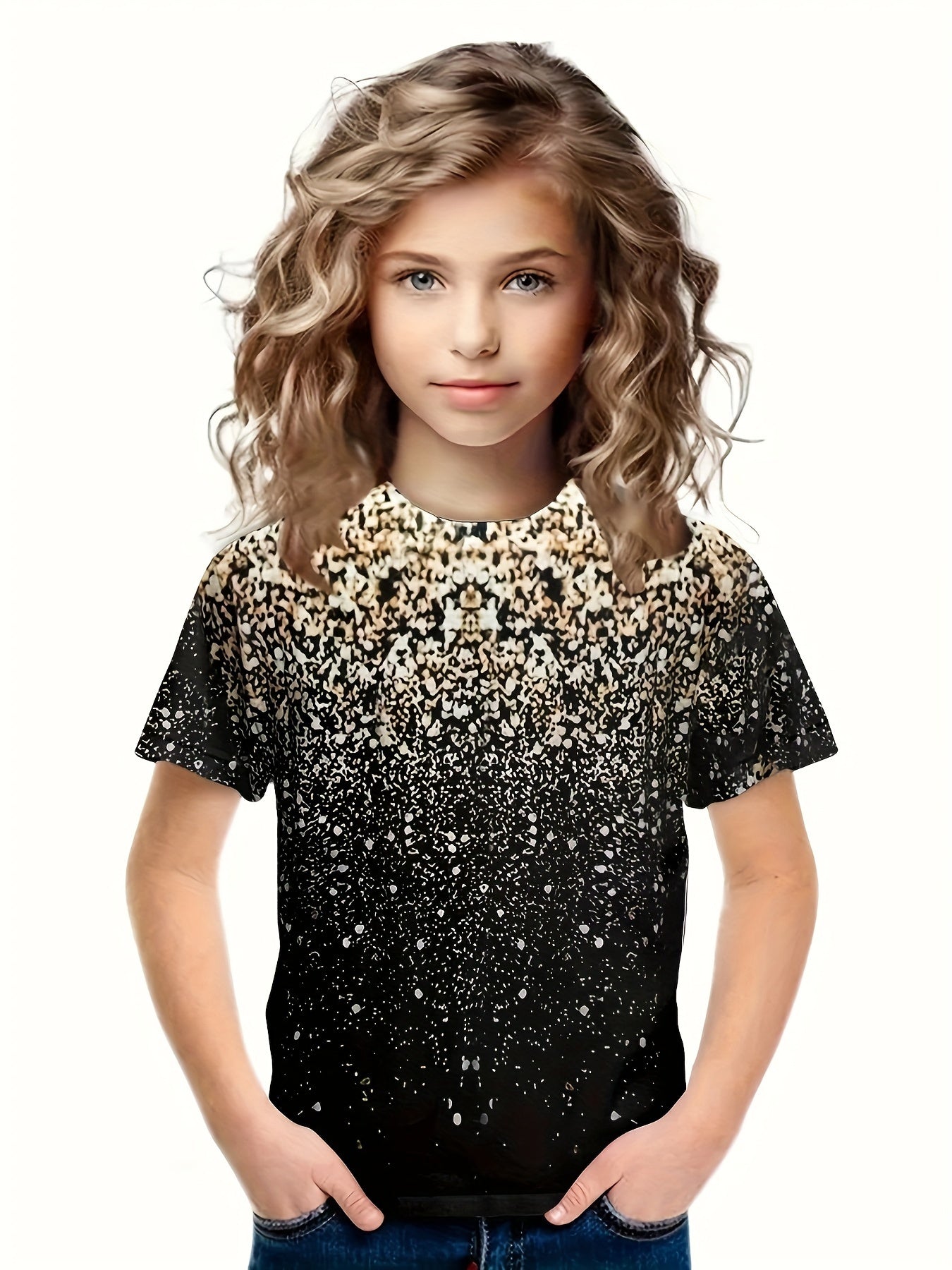 Gradient Sequin Print Short Sleeve T shirt For Girls Sports