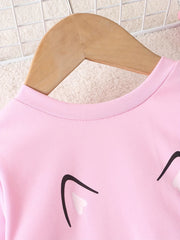 Girl's Cartoon Cat Print 2pcs Set Sweatshirt & Leggings
