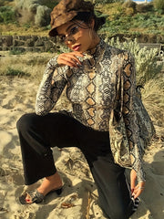 Snakeskin Print Mock Neck Bodysuit Long Sleeve Sexy One Piece