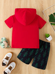 2pcs Boys Dinosaur Print Hooded Tees & Shorts Set for Summer