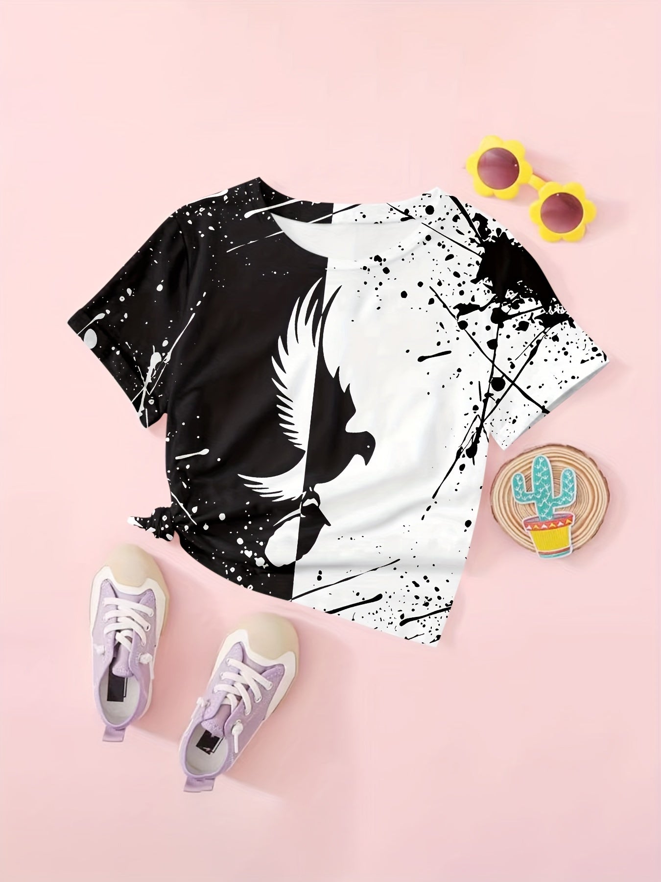 Girls Flying Eagle Print Short Sleeve T shirt Comfy Tees Pullover