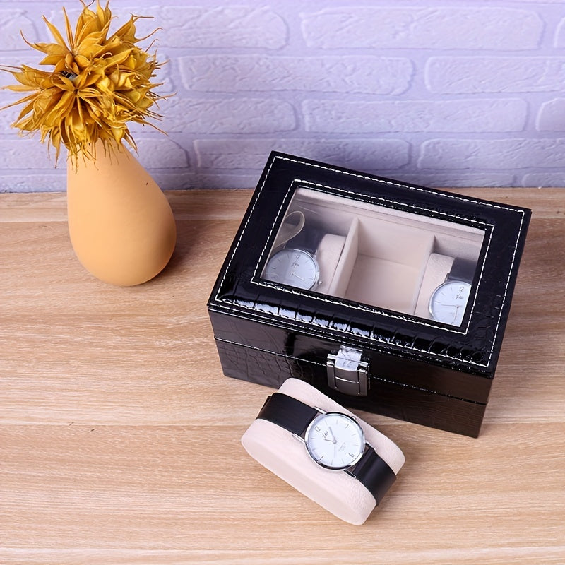 3 Slot PU Leather Watch Box Display with Lock Glass Top Jewelry Storage