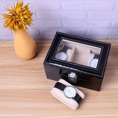 3 Slot PU Leather Watch Box Display with Lock Glass Top Jewelry Storage