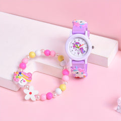 Girls' 3D Cartoon Horse Silicone Strap Watch Set with Wooden Bracelet
