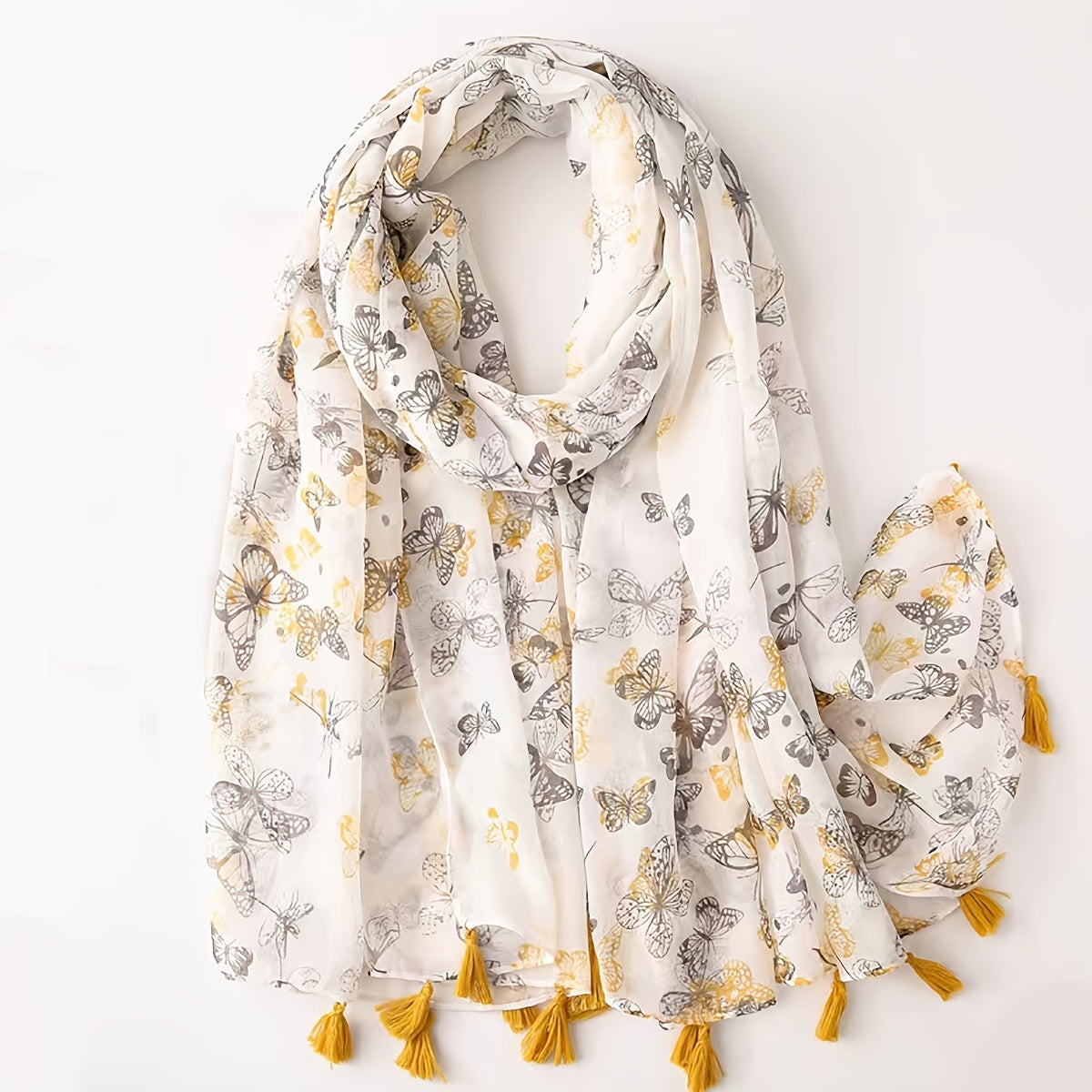 Yellow Butterfly Scarf Casual Tassel Shawl Head Wrap Turban