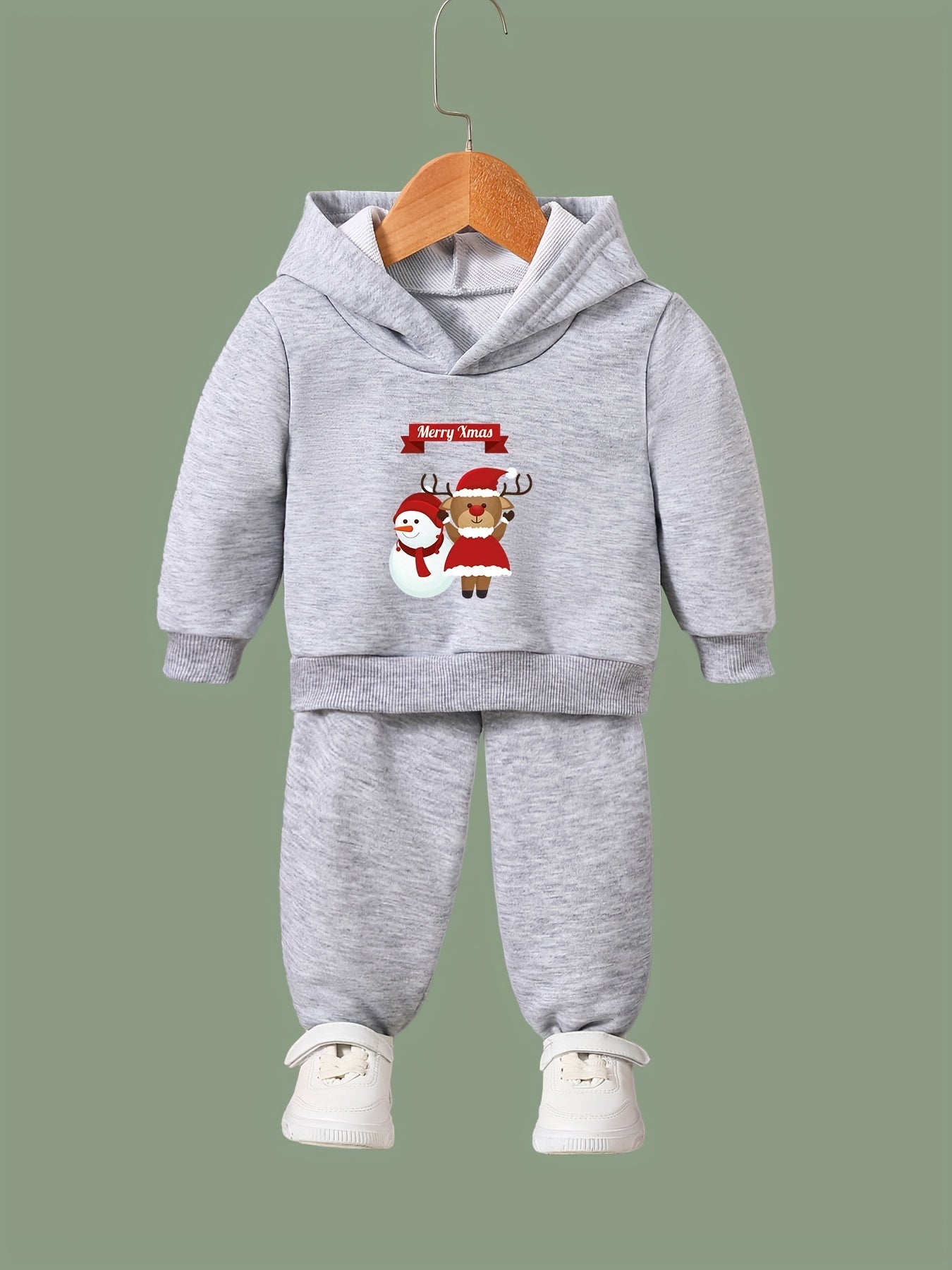 Reindeer Snowman Print Hoodie Jogger Pants Set for Girls Boys