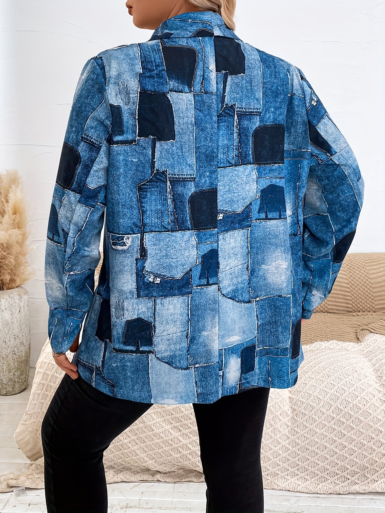 Denim Print Long Sleeve Open Front Blazer