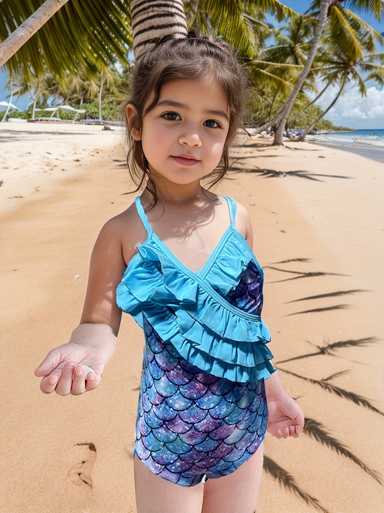 Girls Stretchy Frill Trim Cross Back Swimwear Bathing Suit
