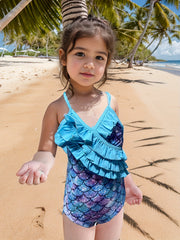 Girls Stretchy Frill Trim Cross Back Swimwear Bathing Suit