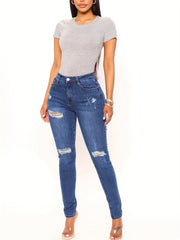 Ripped Holes Skinny Jeans Slim Fit Mid Stretch Versatile Denim Pants