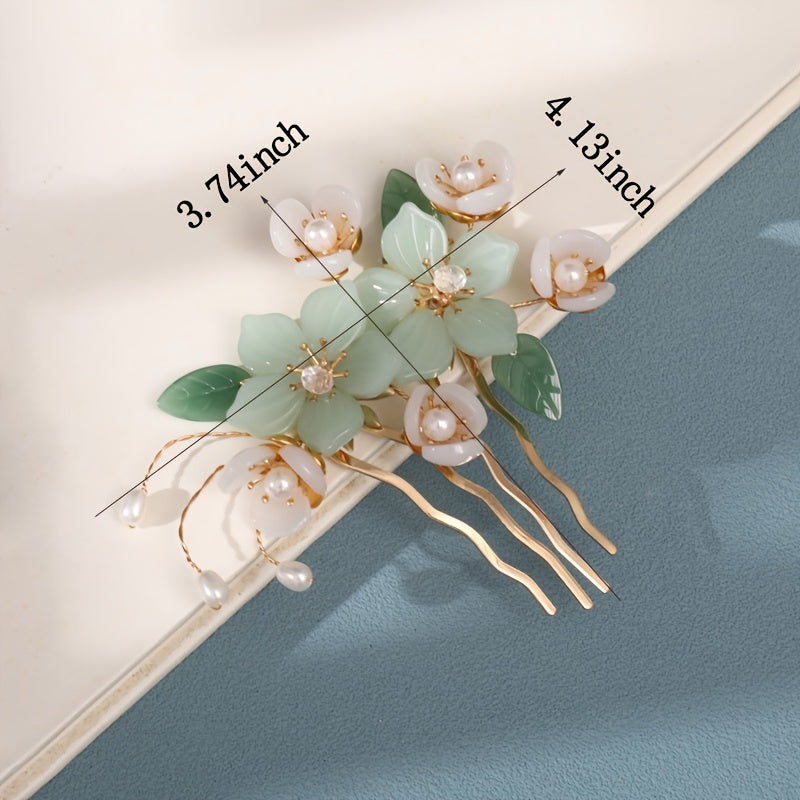 Jade Flower Hair Pins Girls Hair Stick Retro Chignon Pin Hair Accessories Green