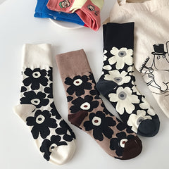 3 Pairs Floral Print Socks Mid Tube Comfy & Breathable Women's Stockings