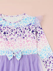 Leopard Print Flutter Trim Long Sleeve Tutu Dress