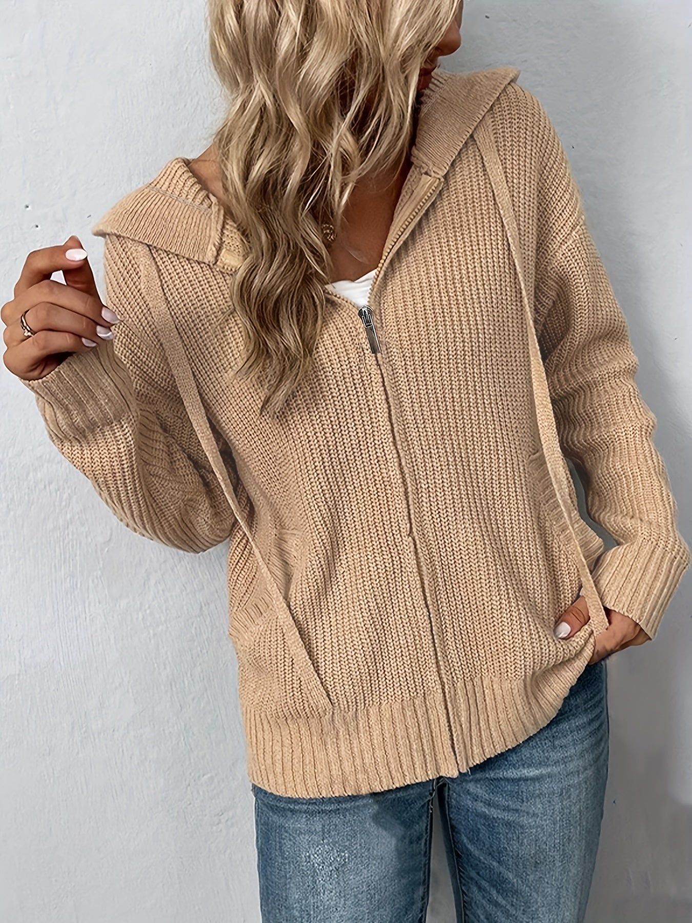Casual Cardigan Solid Zipper Front Long Sleeve Sweater