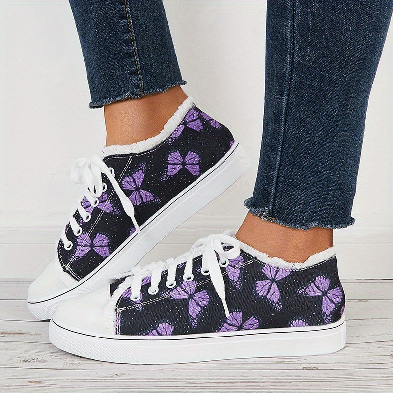Purple Butterfly Print Lace Up Canvas Sneakers Low Cut Flat Board Shoes