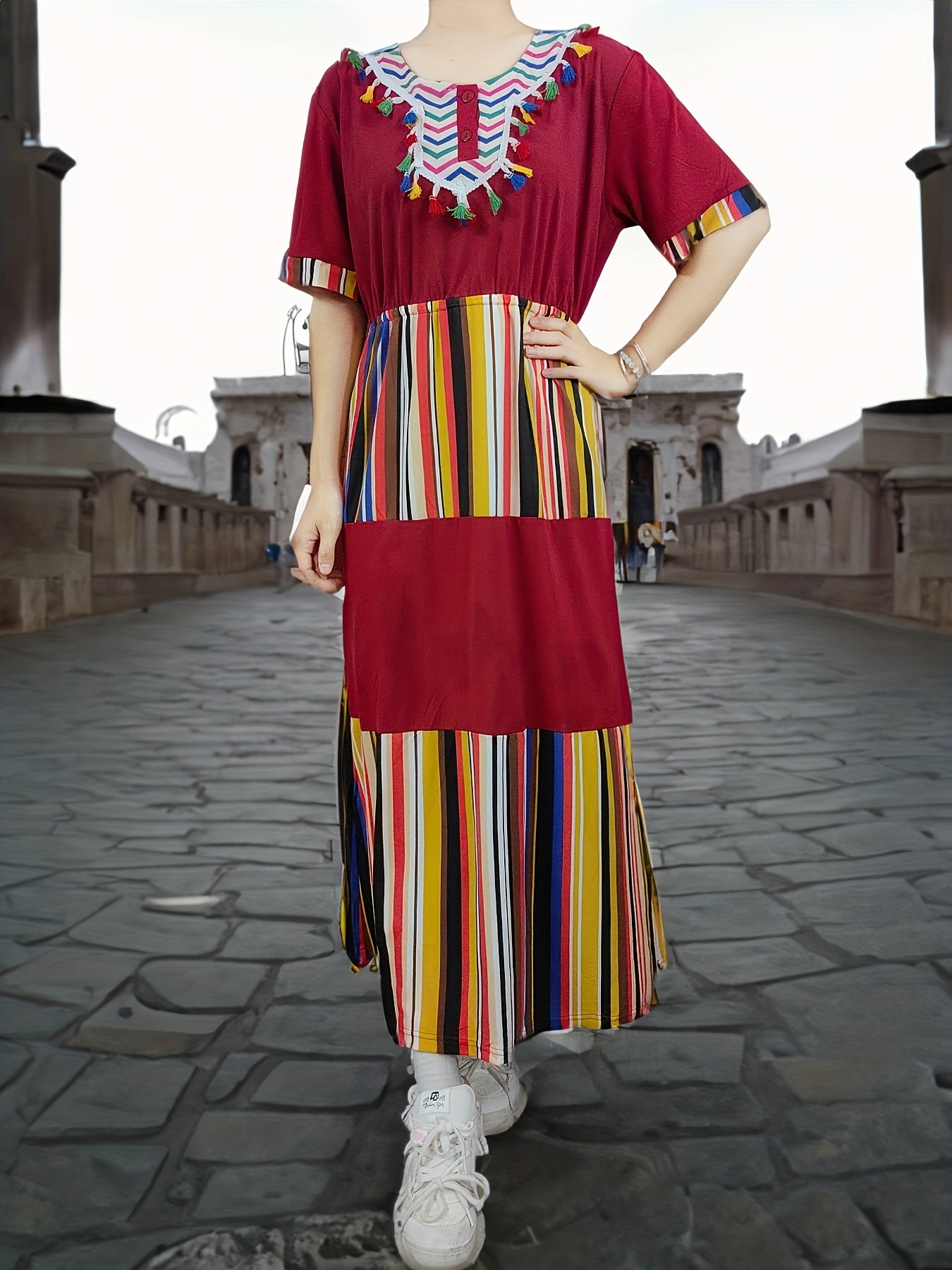 Retro Abaya Dress Women's Plus Colorful Striped Tassel Decor