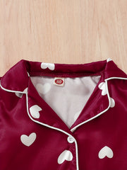 Girls' Cotton Heart Print Pajama Set V Neck Long Sleeve Shirt & Pants