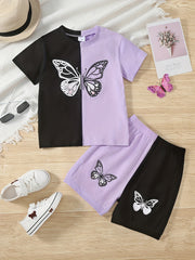 Girls Butterfly Graphic T Shirts & Shorts Set Kids Summer Clothes
