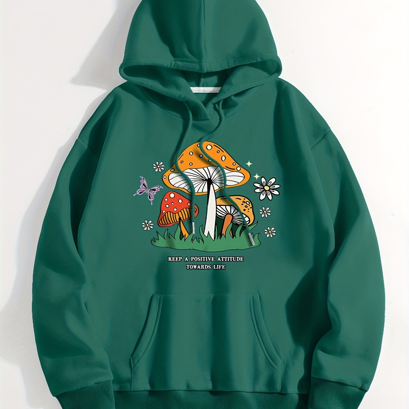 Mushroom Print Kangaroo Pocket Hoodie Sweatshirt Women's Clothing