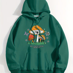 Mushroom Print Kangaroo Pocket Hoodie Sweatshirt Women's Clothing