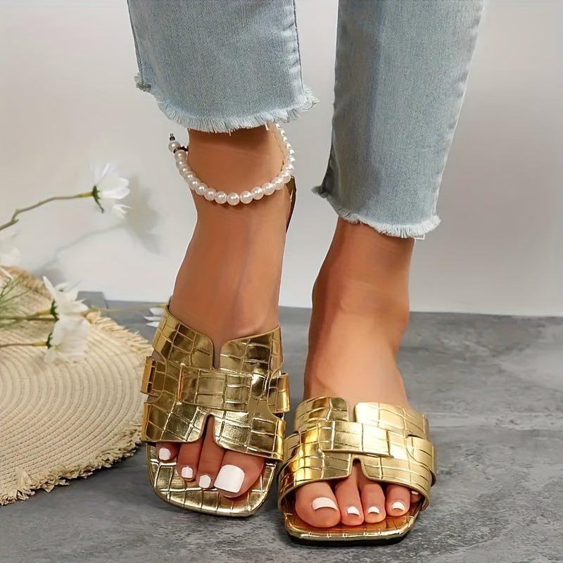 Women's Golden Flat Slide Sandals Crocodile Pattern Summer Shoes Lightweight