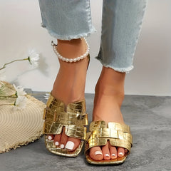Women's Golden Flat Slide Sandals Crocodile Pattern Summer Shoes Lightweight