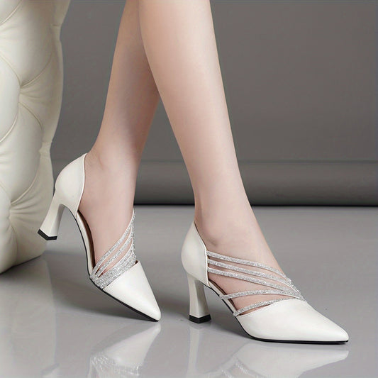Women's Rhinestone Chunky Heel Pointed Pumps