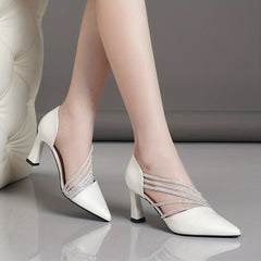 Women's Rhinestone Chunky Heel Pointed Pumps