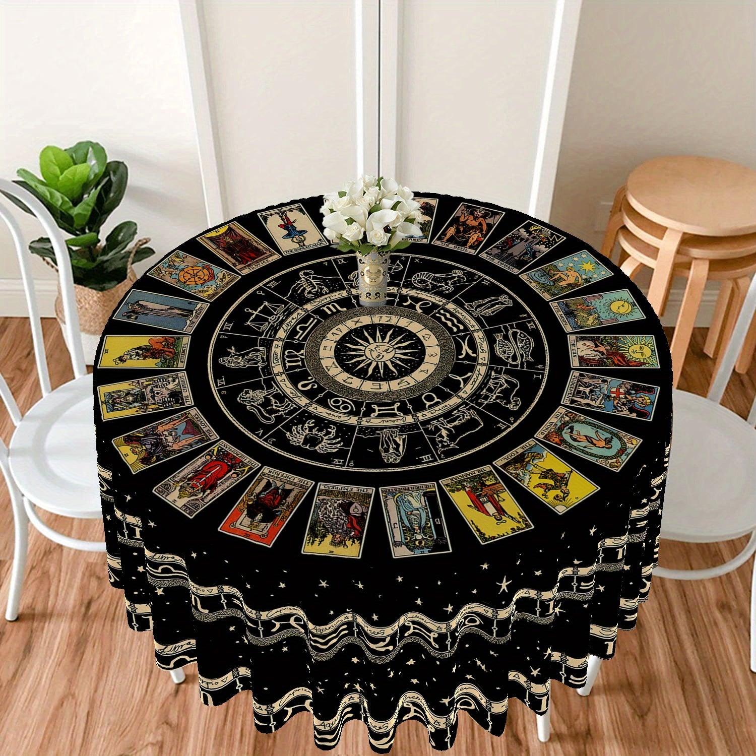 Tarot Round Tablecloth 63 Inch Boho Table Cloth Divination Tarot Pattern