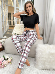 Printed Pajama Set Short Sleeve Top & Plaid Bow Pants