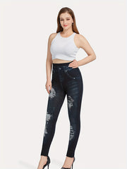 Denim Print High Waisted Leggings Casual Skinny Leggings
