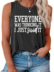 Casual Tank Top Women's Plus Slogan Print Round Neck Tank Top