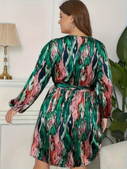 Tie Dye Lantern Sleeve Stretch Dress With Belt