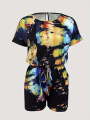 Tie Dye Drawstring Waist Romper Jumpsuit Casual Short Sleeve Romper