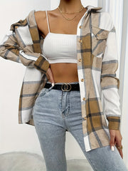 Plaid Print Shacket Jacket Button Front Long Sleeve