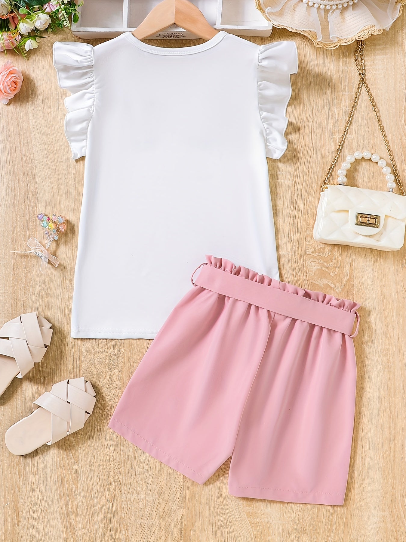 2pcs Girls Eyelash Ruffle Sleeves Top & Shorts Set Kids Summer Clothes