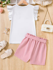 2pcs Girls Eyelash Ruffle Sleeves Top & Shorts Set Kids Summer Clothes