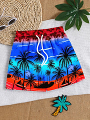 Boys Swim Trunks Coconut Trees Dinosaur Print Elastic Waist Drawstring