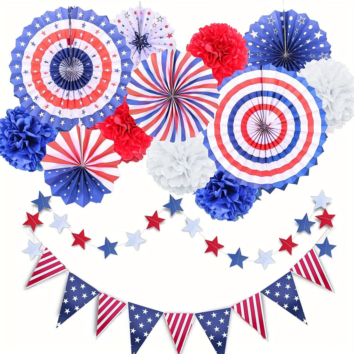 Patriotic 4th of July Decorations Set Hanging Paper Fans Pompoms Flowers