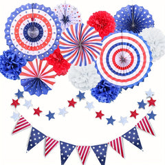 Patriotic 4th of July Decorations Set Hanging Paper Fans Pompoms Flowers