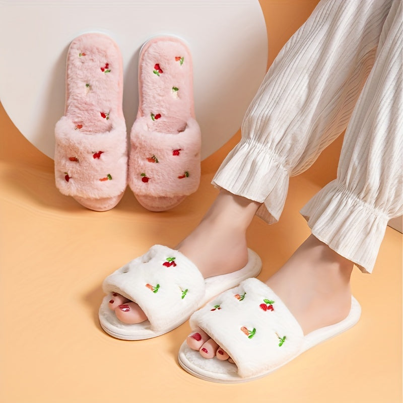 Cherry Pattern Plush Slippers Cozy Open Toe Fluffy Indoor Flat Shoes