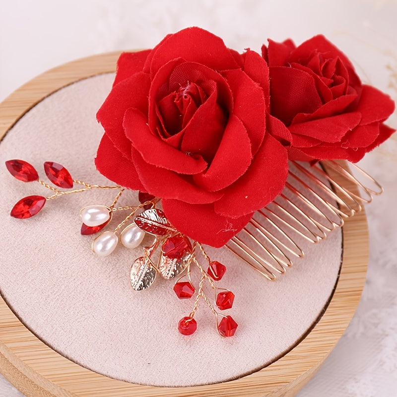 Bridal Rose Flower Hair Comb Rhinestone Hair Pin